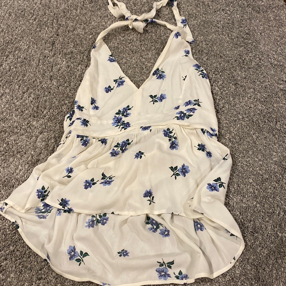 American Eagle white floral haulter top, size large